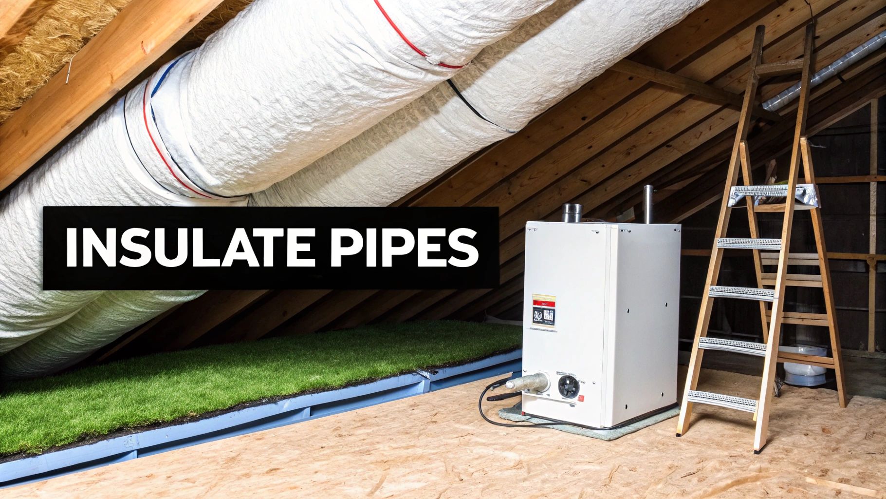 An attic space with large white insulated pipes, a white tankless water heater, and a wooden ladder, with a text overlay 'INSULATE PIPES'.