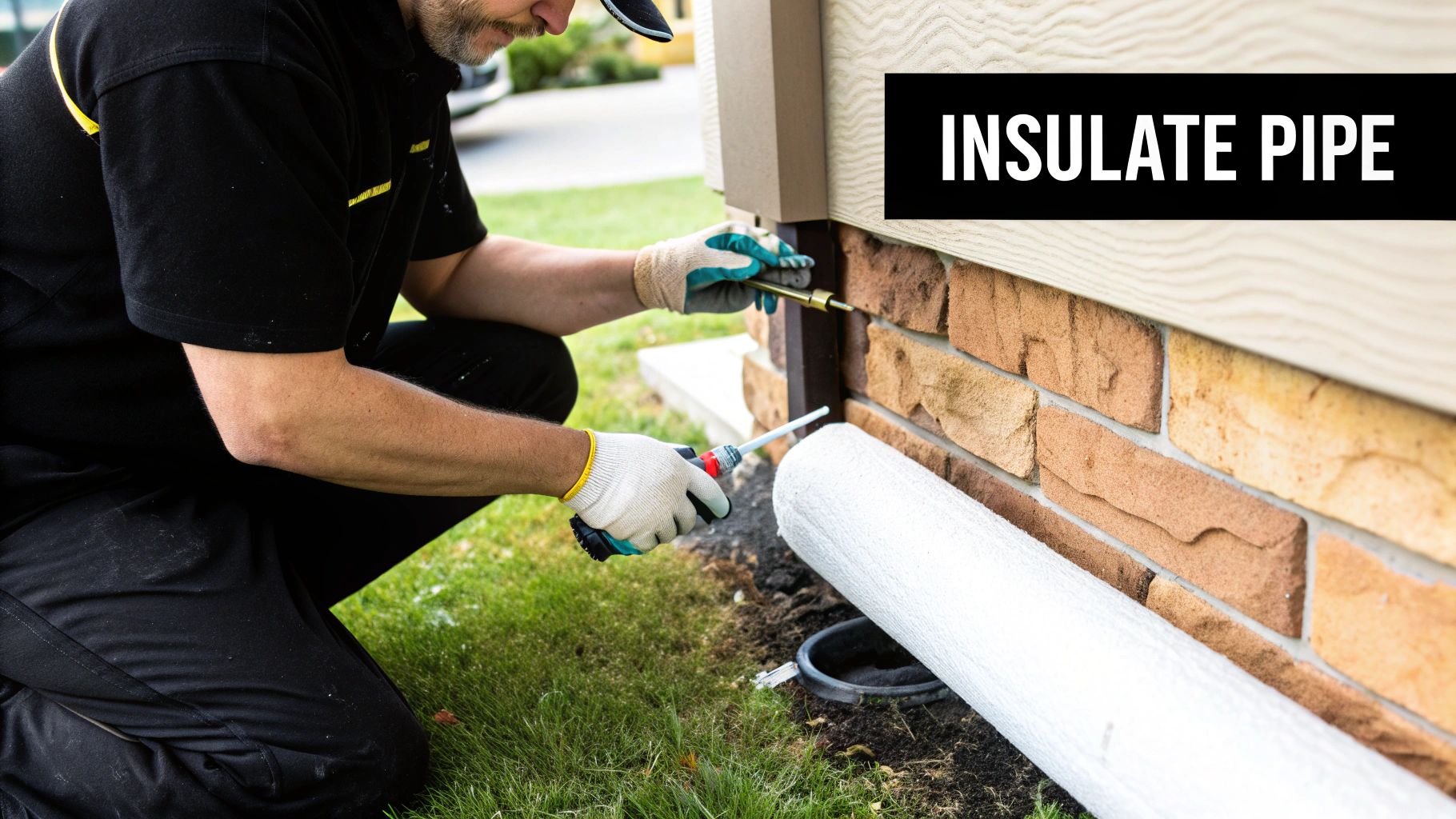 A person in gloves insulating a pipe near a house foundation with caulk, next to pipe insulation material.