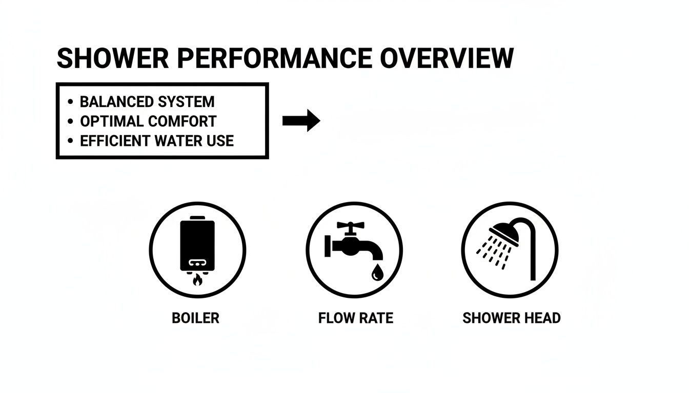 Shower performance overview highlighting boiler, flow rate, and shower head for optimal comfort and water use.