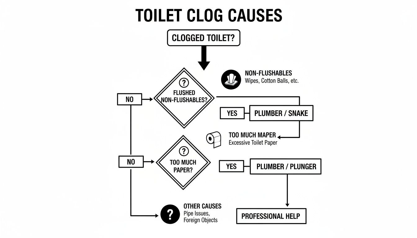 A flowchart detailing toilet clog causes like non-flushables, excessive paper, and other issues, with solutions.