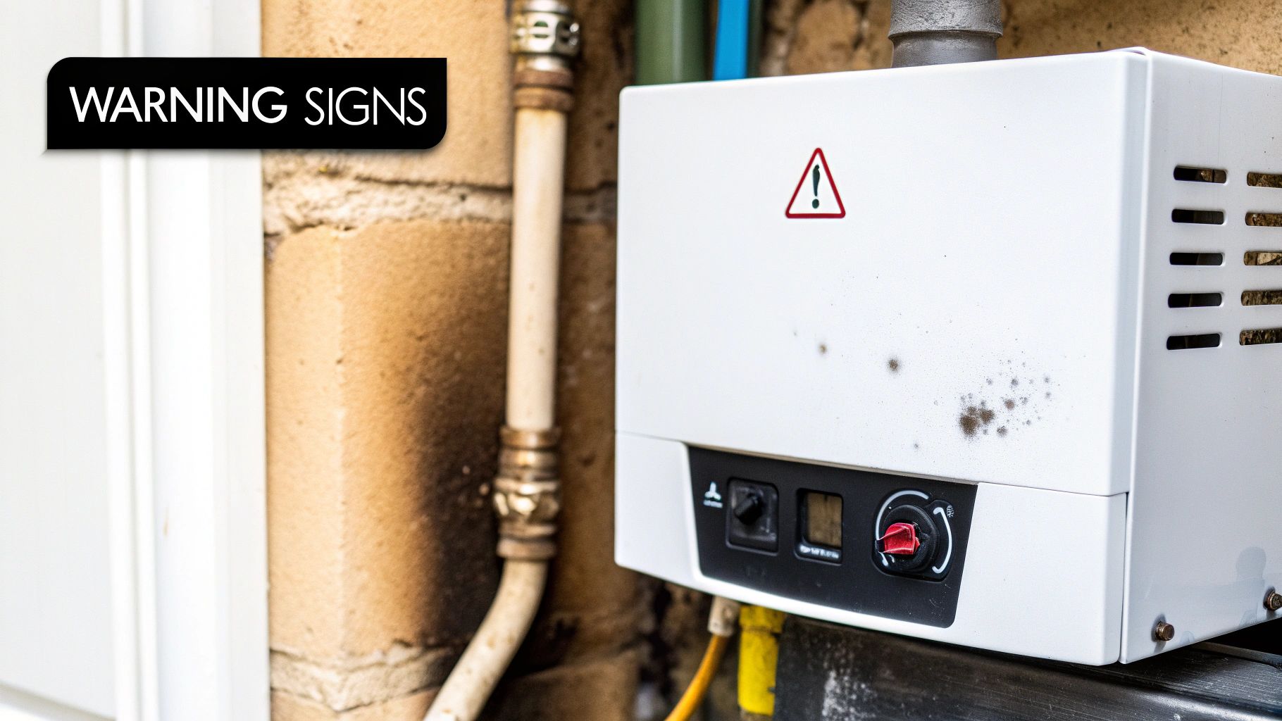 A white outdoor boiler with a warning sign and dirt spots, next to old pipes and a brick wall.