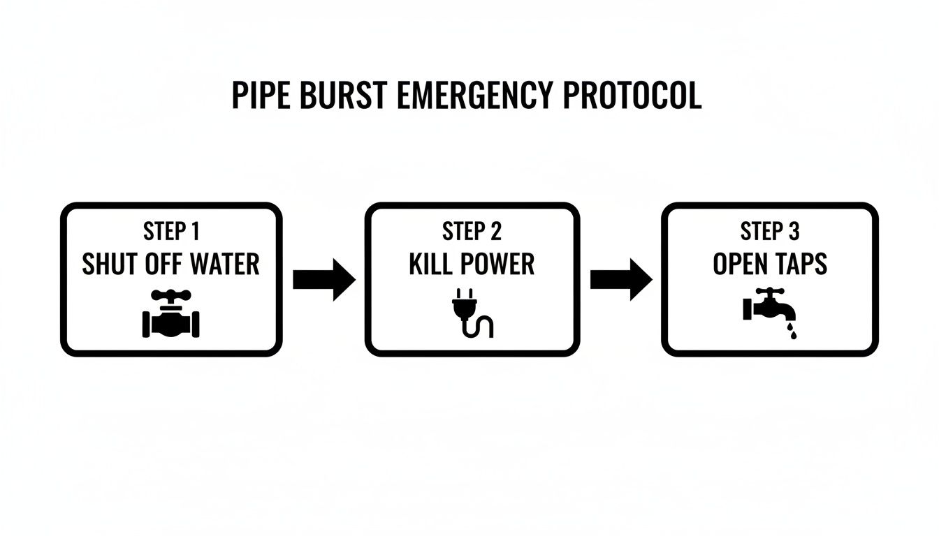 A pipe burst emergency protocol flow chart showing three steps: shut off water, kill power, and open taps.