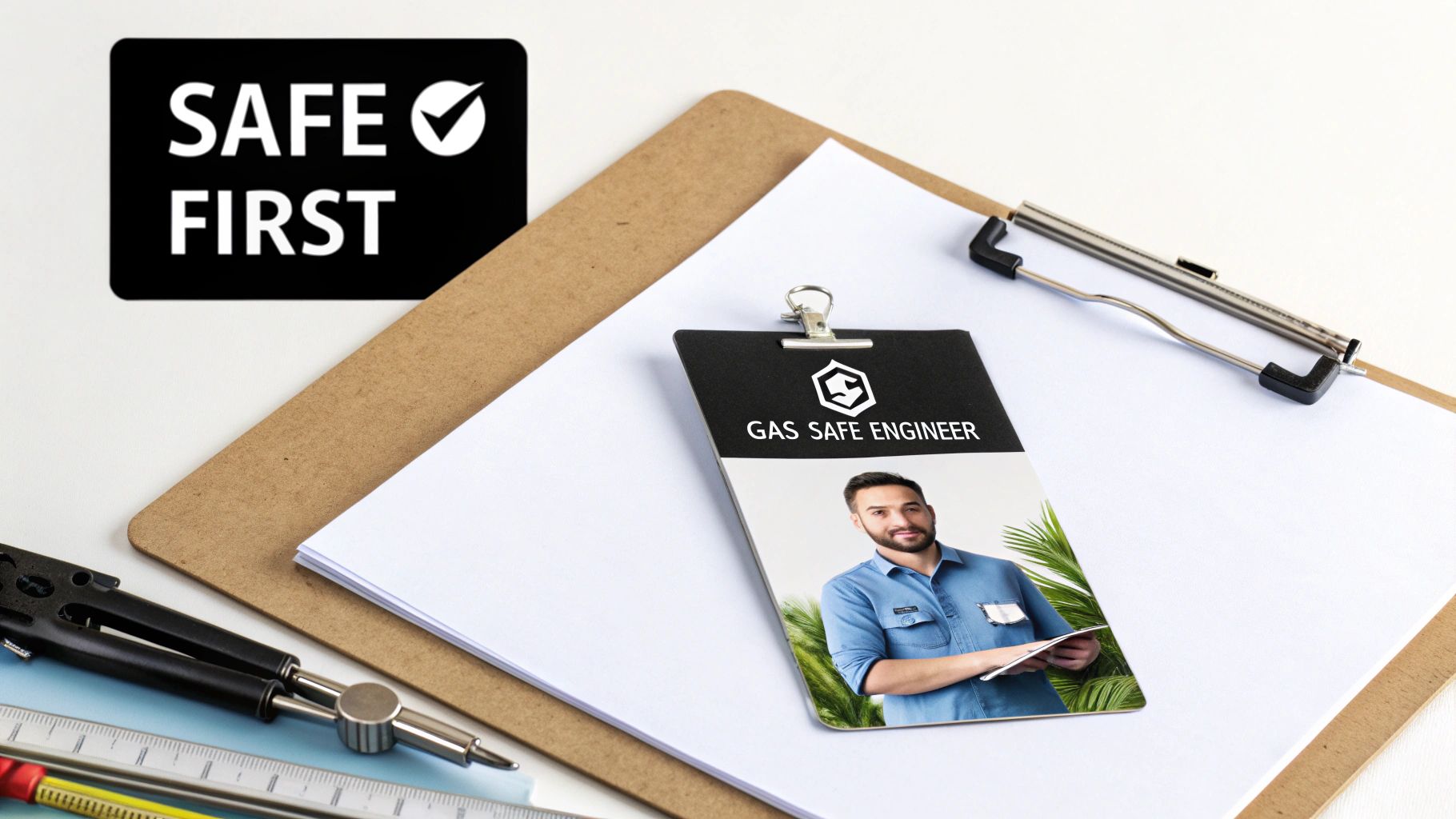 A Gas Safe Engineer ID badge, a 'SAFE FIRST' sign, and a clipboard with papers on a desk.