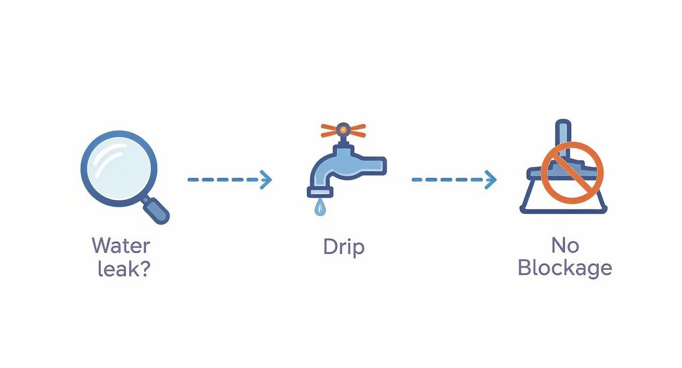 A visual process: magnifying glass for water leak detection, leading to a dripping faucet, then to no blockage.