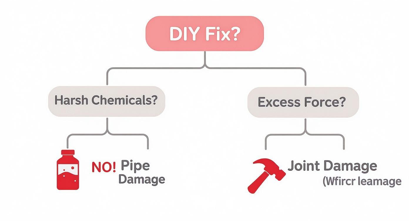 Infographic decision tree showing that DIY fixes with harsh chemicals or excess force lead to pipe or joint damage.