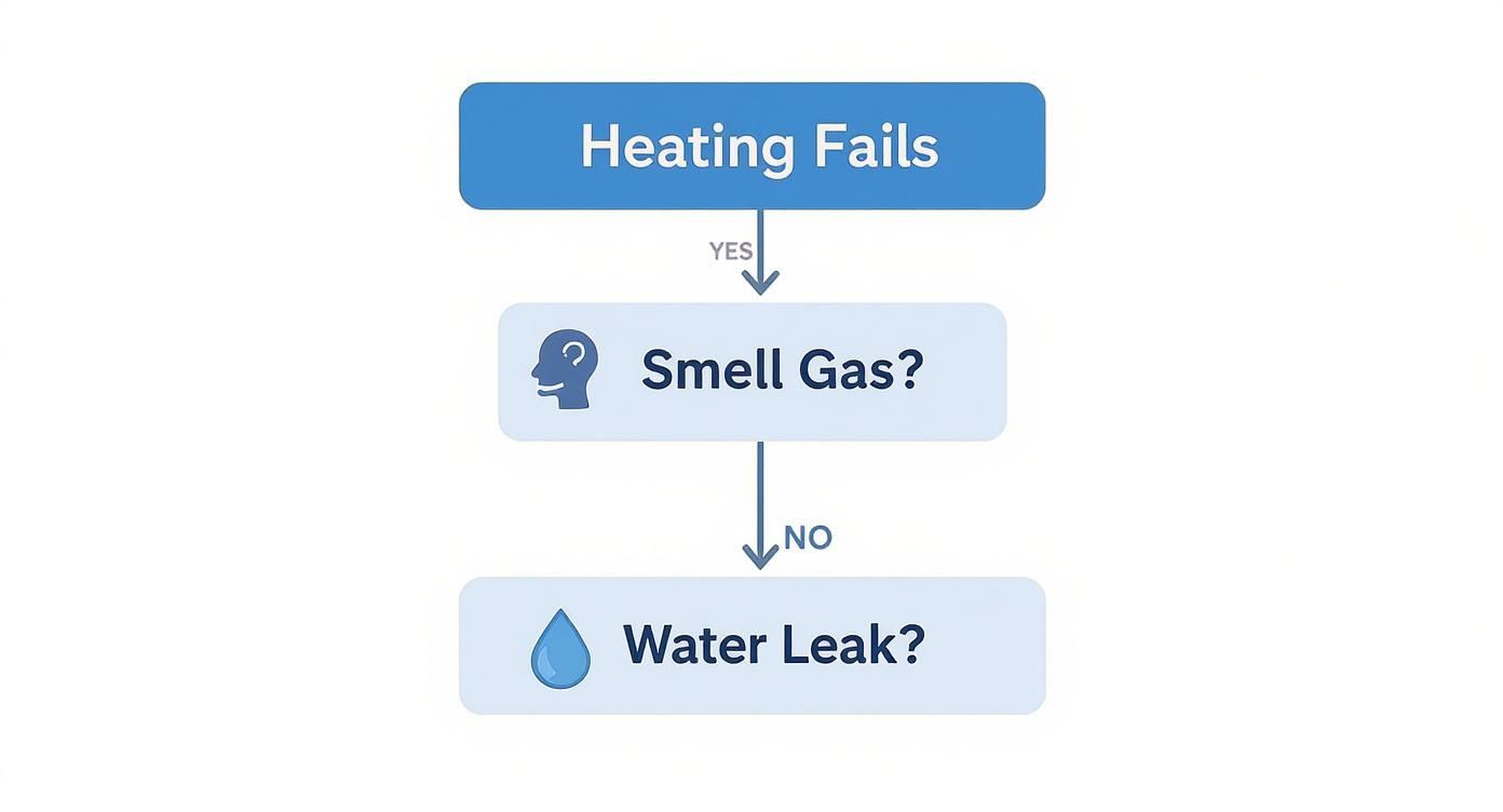 Heating system troubleshooting flowchart showing steps to diagnose gas smell and water leak issues