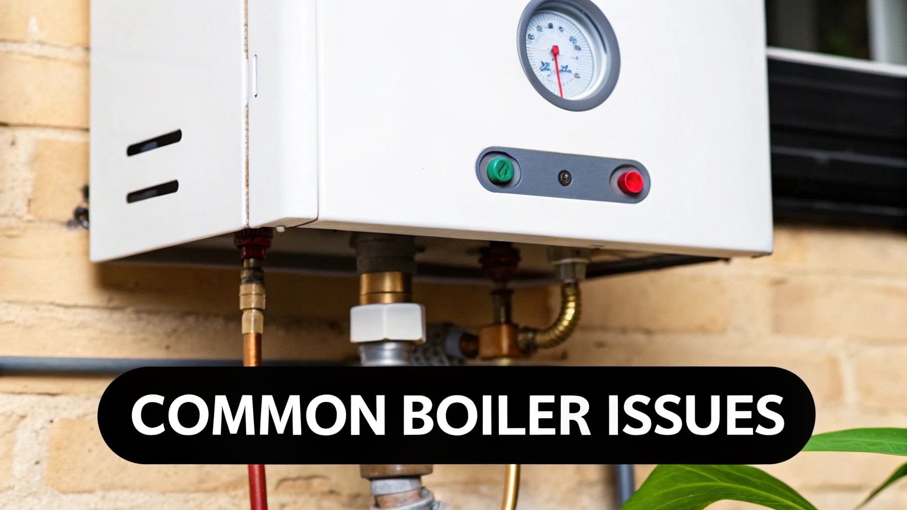 A white, wall-mounted boiler with visible pipes, a pressure gauge, and control buttons.