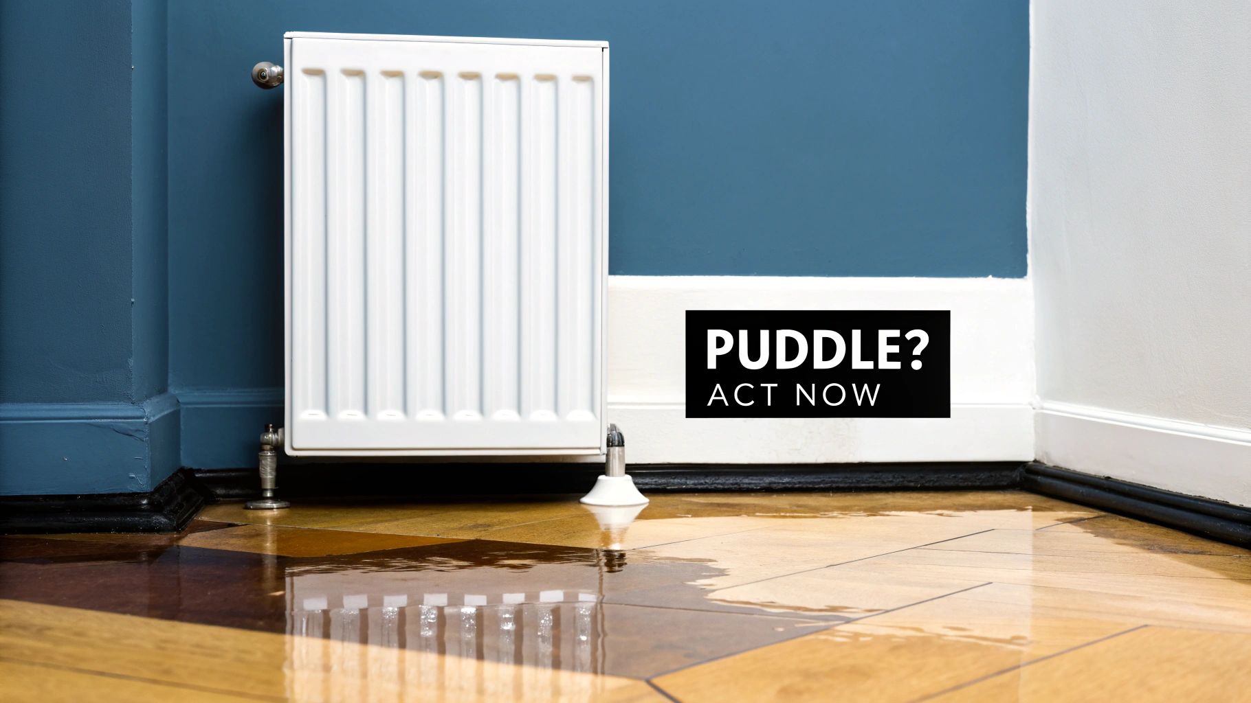 A modern radiator installed on a clean, light-colored wall, with a small puddle of water on the wooden floor beneath it.