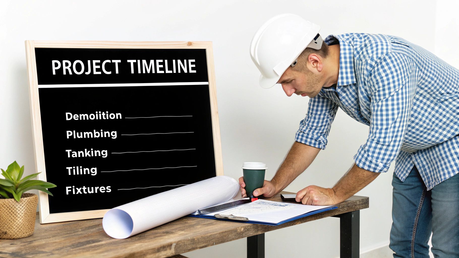 A construction worker reviews a project timeline chalkboard listing demolition, plumbing, tanking, tiling, and fixtures.