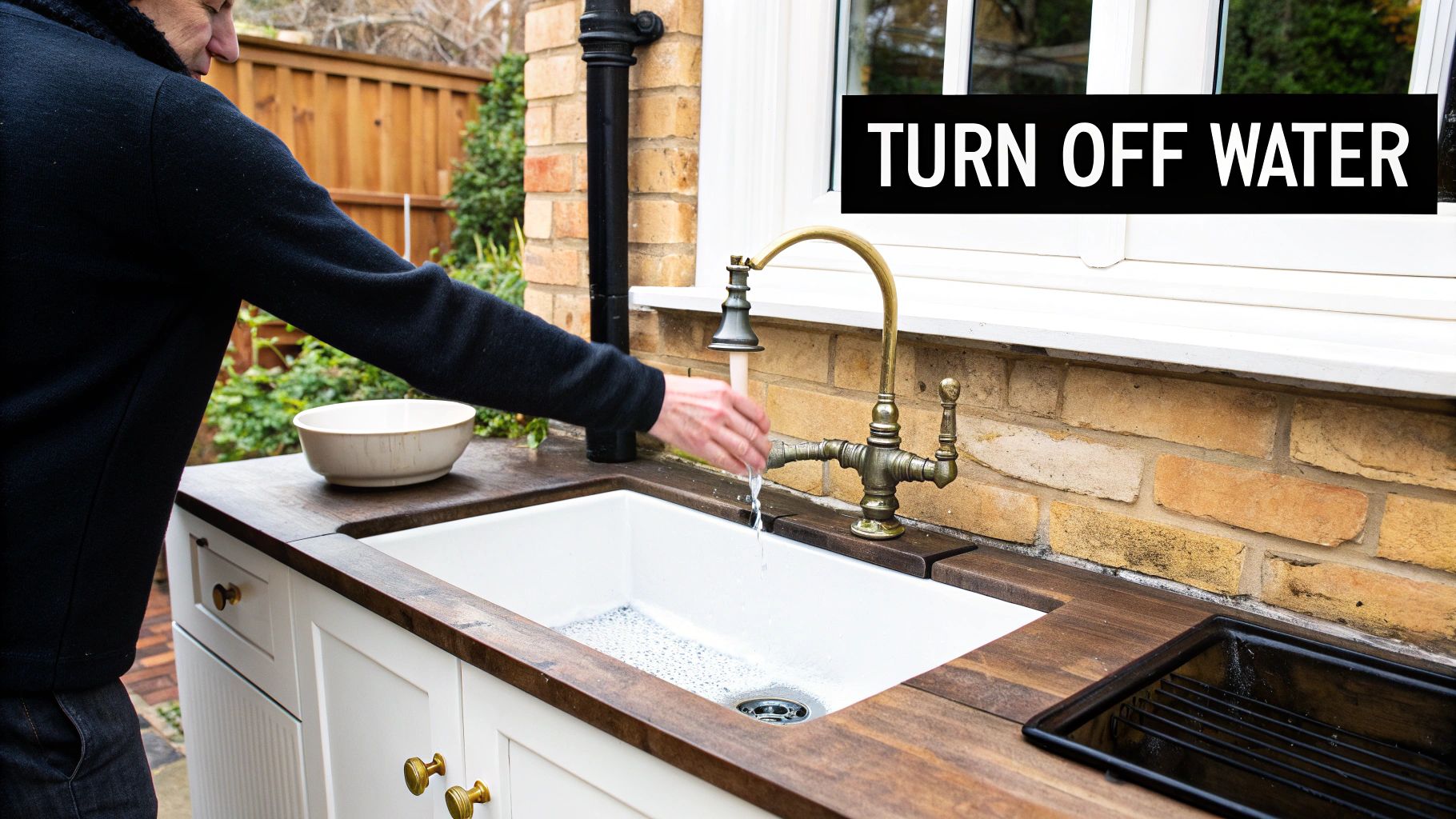 A person's hand turning on a vintage brass outdoor faucet, with water flowing into a white ceramic sink.