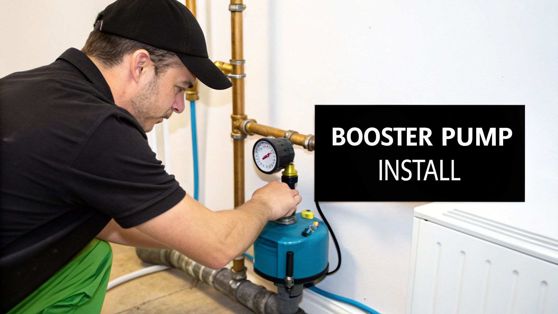A man in a black cap and t-shirt is installing a blue water booster pump connected to plumbing pipes with a pressure gauge.