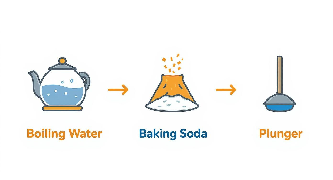 Infographic detailing a three-step process for unblocking drains using boiling water, baking soda, and a plunger.