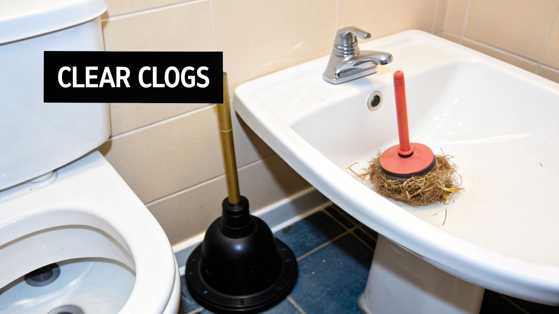 Two plungers in a bathroom for clearing clogs. One sits in the sink with a visible hair clog.