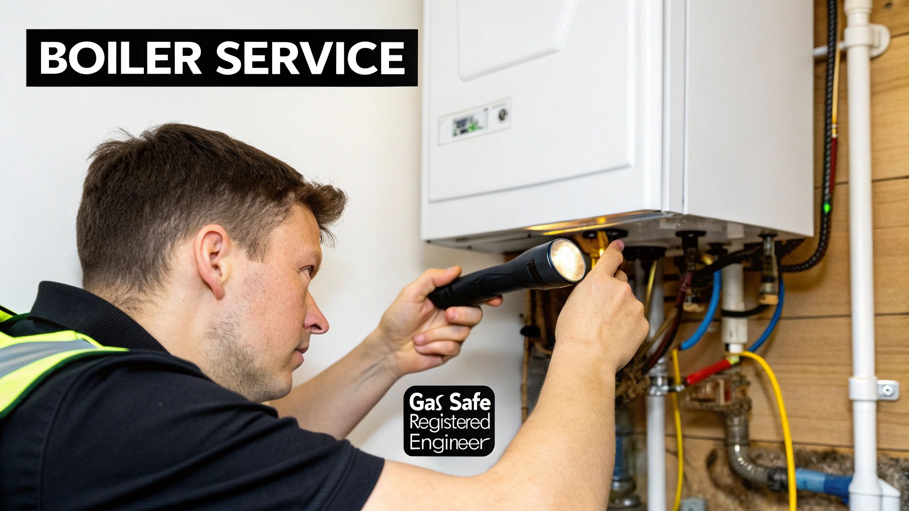 A Gas Safe Registered Engineer inspecting a wall-mounted boiler with a flashlight, performing a boiler service.