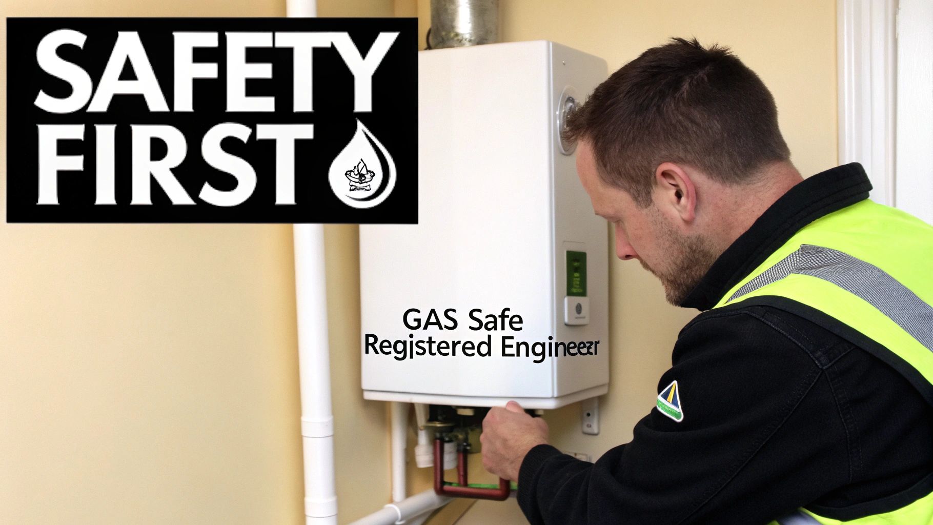 A Gas Safe Registered Engineer performs maintenance on a household boiler, with a 'Safety First' sign.