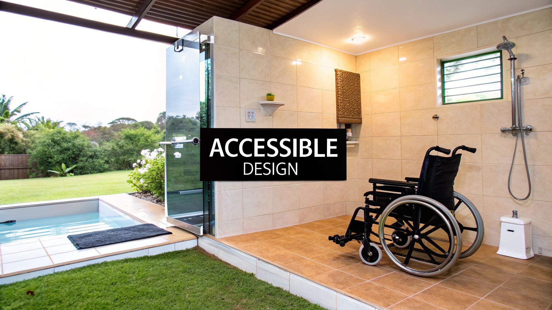 An outdoor accessible wet room featuring a shower, a wheelchair, and a small plunge pool.