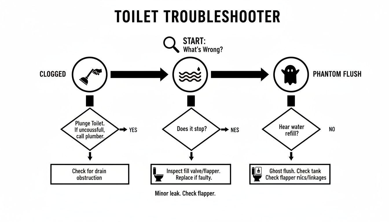 A black and white flowchart illustrating steps to troubleshoot common toilet problems like clogs, leaks, and phantom flushes.