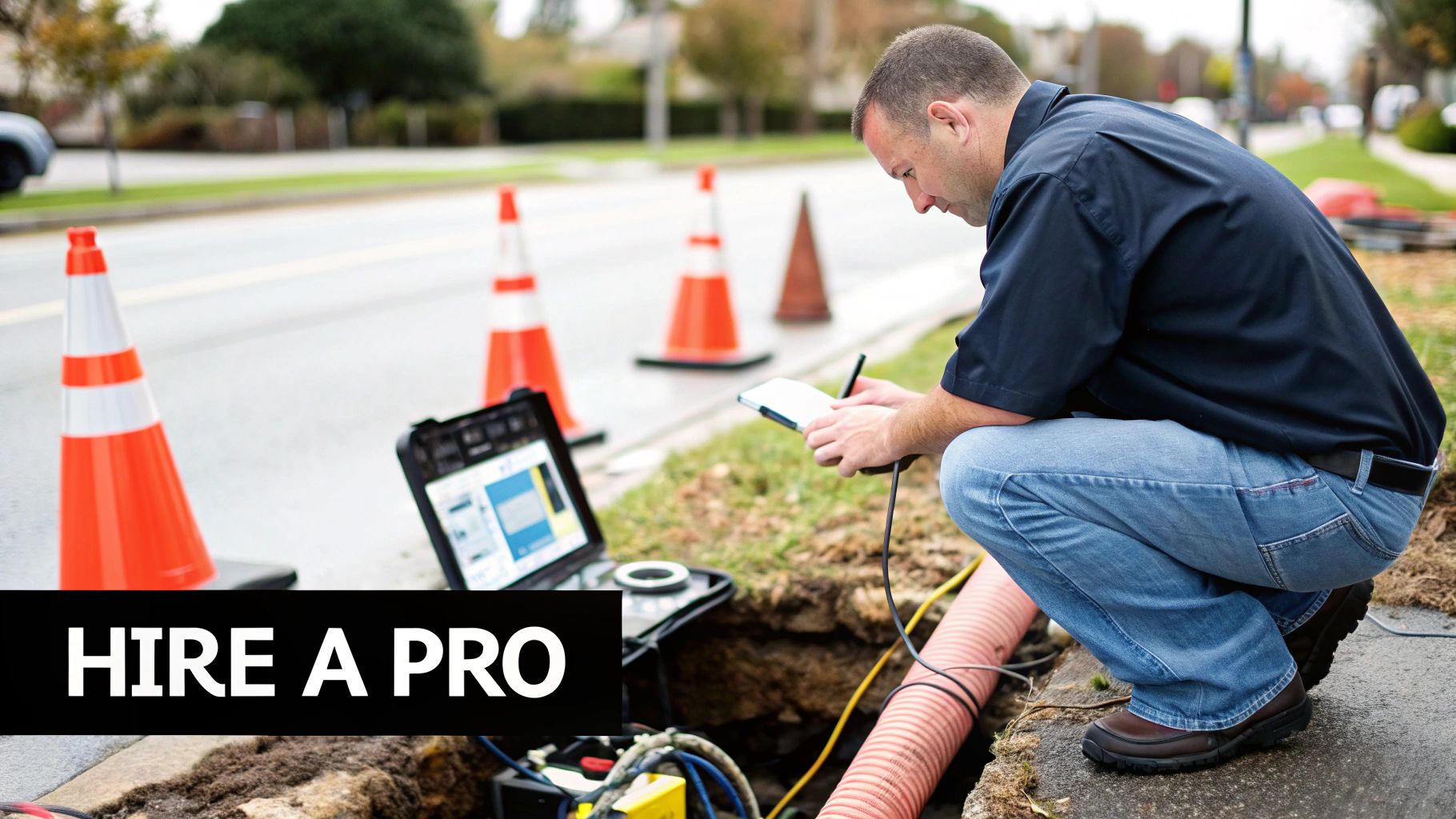 A worker in jeans crouches by an open trench, examining a tablet with a laptop nearby amidst traffic cones.