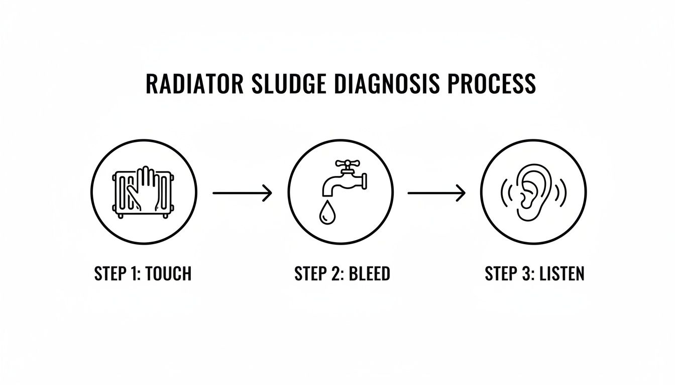 A visual guide illustrating a three-step process for diagnosing radiator sludge: touch, bleed, and listen.