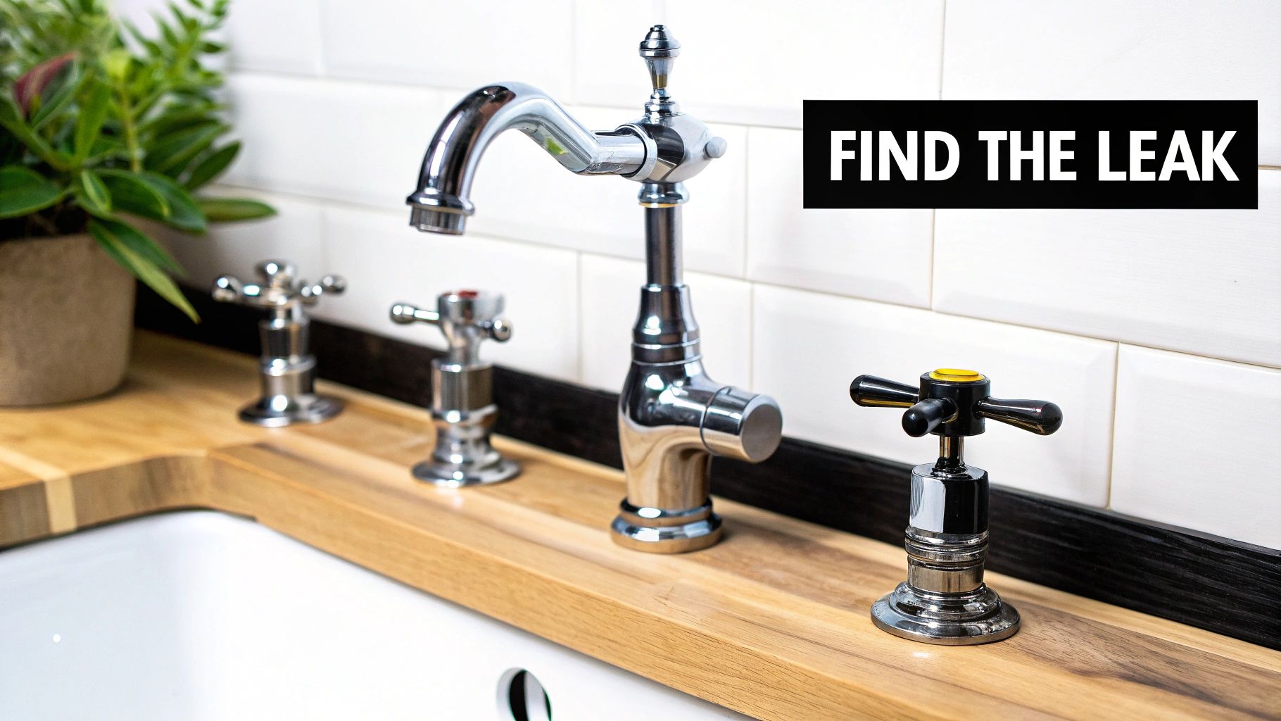 A person inspecting a modern chrome tap in a bathroom.
