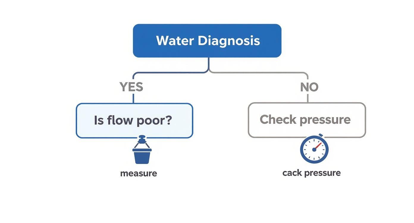 A water diagnosis flowchart. If flow is poor, measure it. If not, check the water pressure.