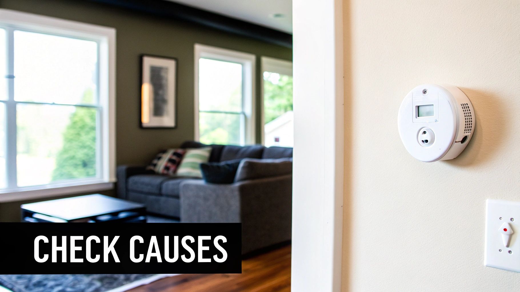 A white carbon monoxide detector mounted on a wall in a home, with a living room in the background.