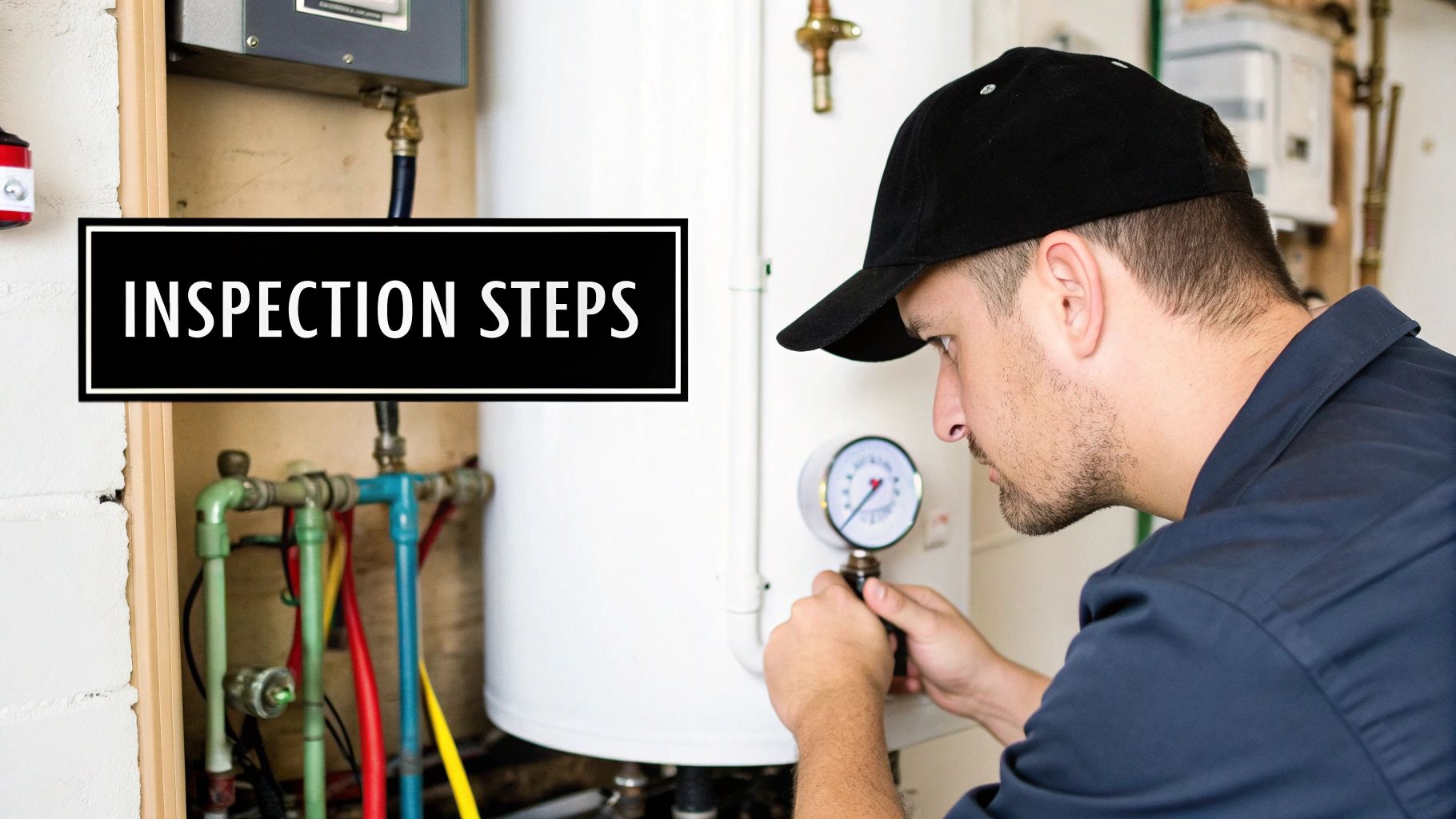 A technician in a black cap inspecting a water heater gauge, with "INSPECTION STEPS" overlay.
