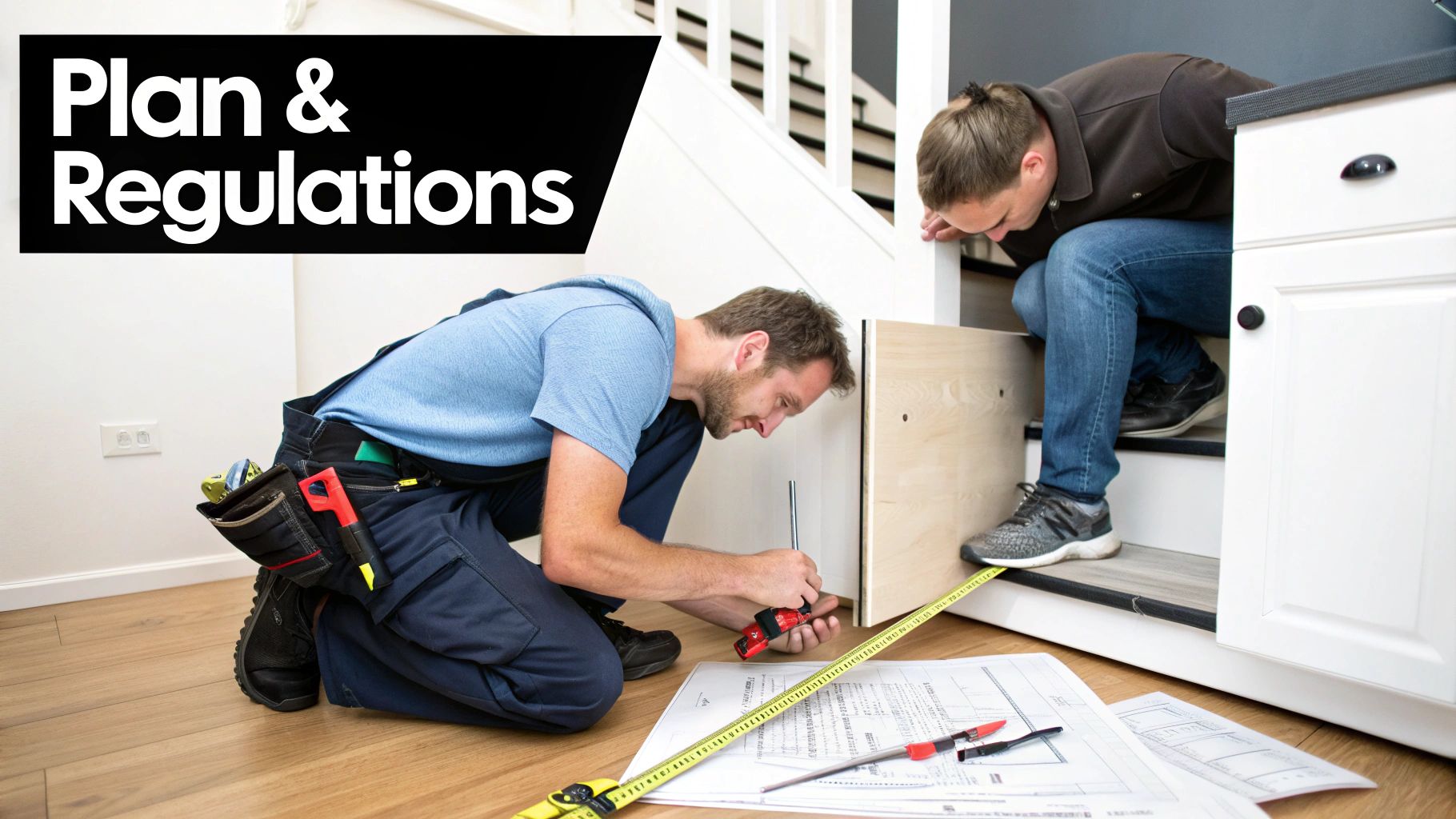 Two men working on home installation project, using tools, measuring tape, and blueprints on the floor.