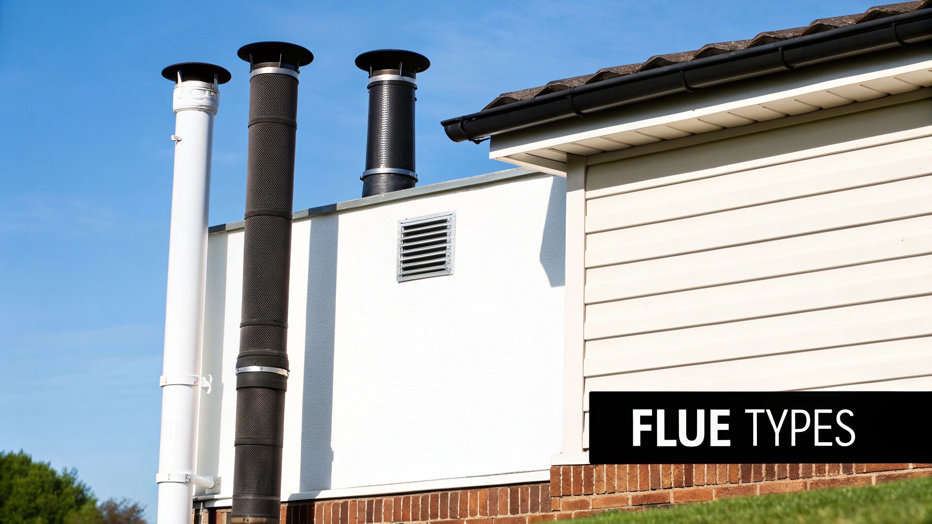 Three types of boiler flues, two black and one white, rising from a building against a blue sky.