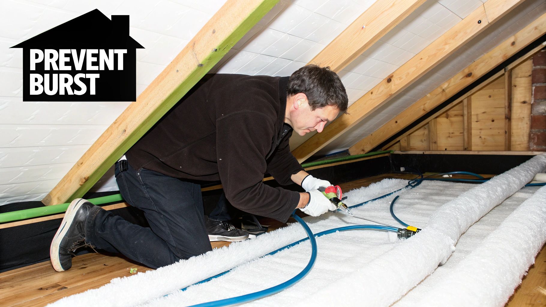 A man in an attic installs insulation and works on blue pipes to prevent bursts.