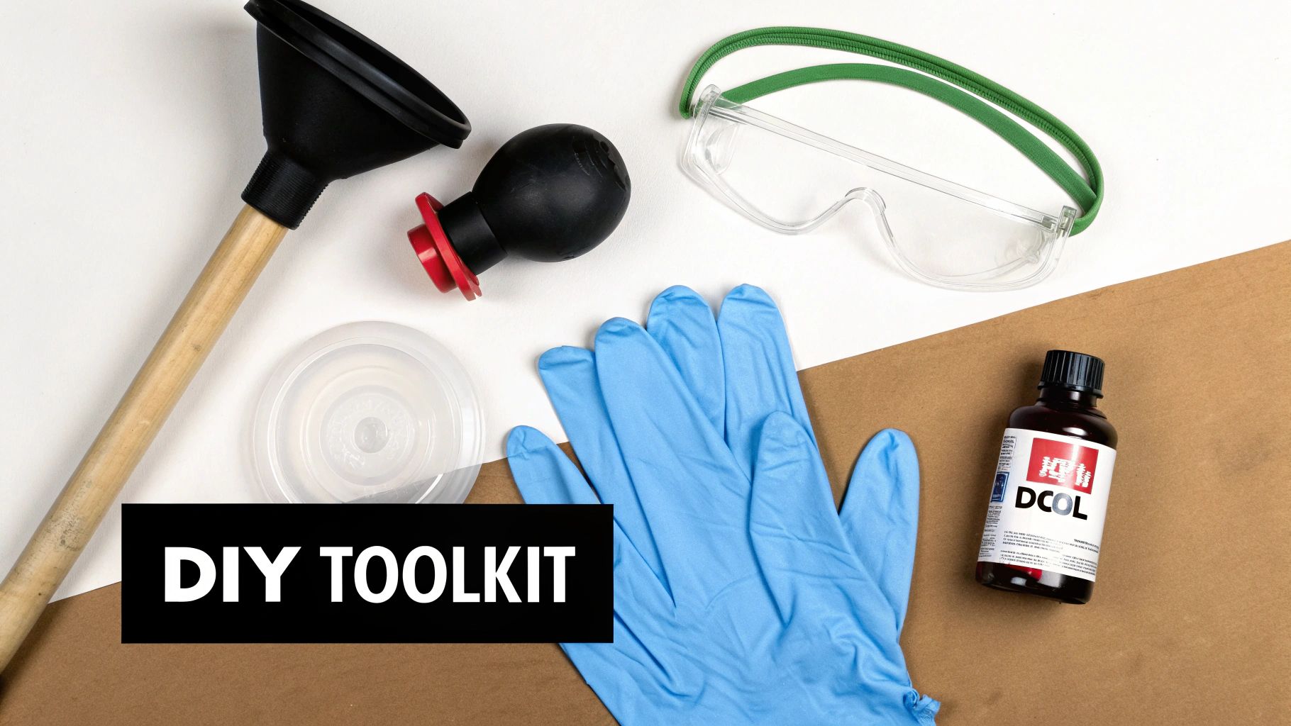 A collection of plumbing tools including a plunger, a plumber&#39;s snake, gloves, and protective eyewear laid out on a workbench.