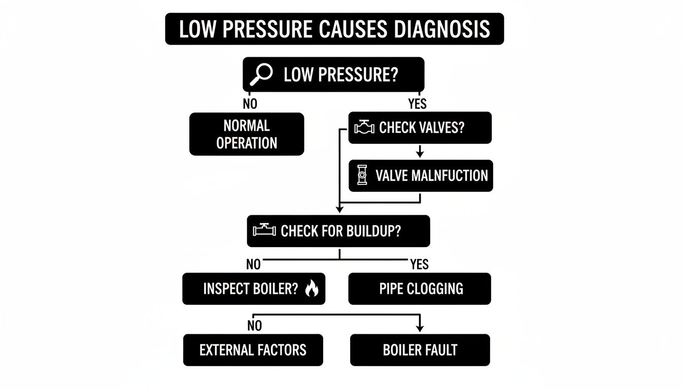 Flowchart detailing the diagnosis steps for low pressure, identifying potential causes like valve malfunction or pipe clogging.