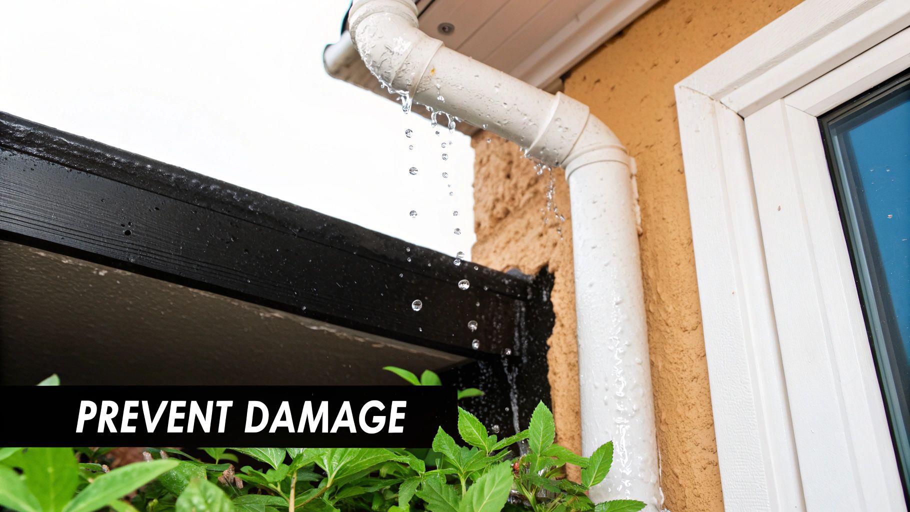 A leaking white downspout drips water onto a black gutter and green plants, with text 'PREVENT DAMAGE'.