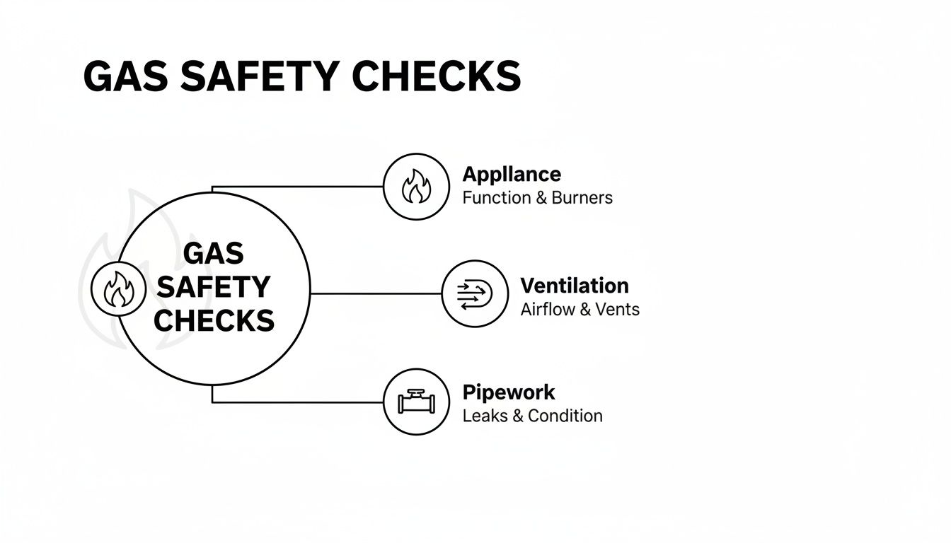 Diagram illustrating essential gas safety checks for appliances, ventilation, and pipework, ensuring home safety.