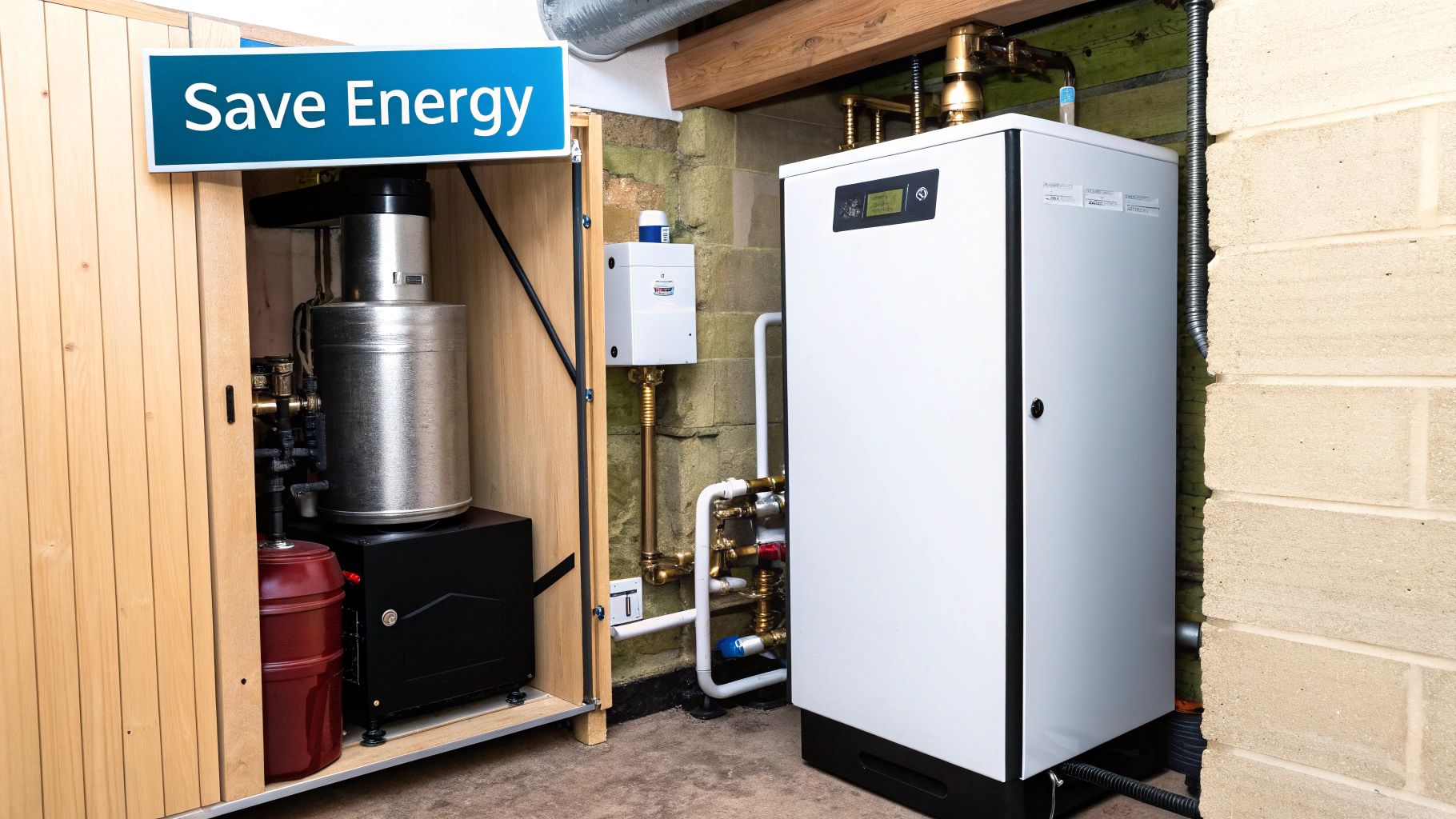 A modern energy-efficient heating system with a white boiler and a hot water tank in a utility room, with a 'Save Energy' sign.