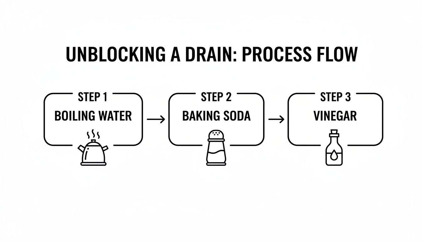 Step-by-step diagram showing how to unblock a drain using boiling water, baking soda, and vinegar.