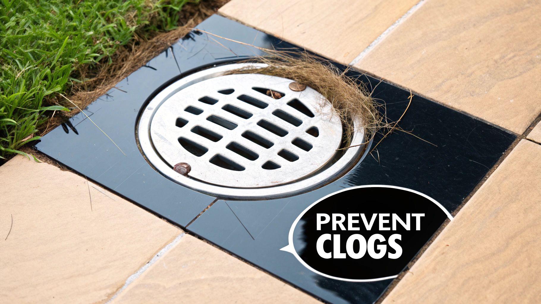 A clean, clear sink drain with a metal strainer catching food particles.