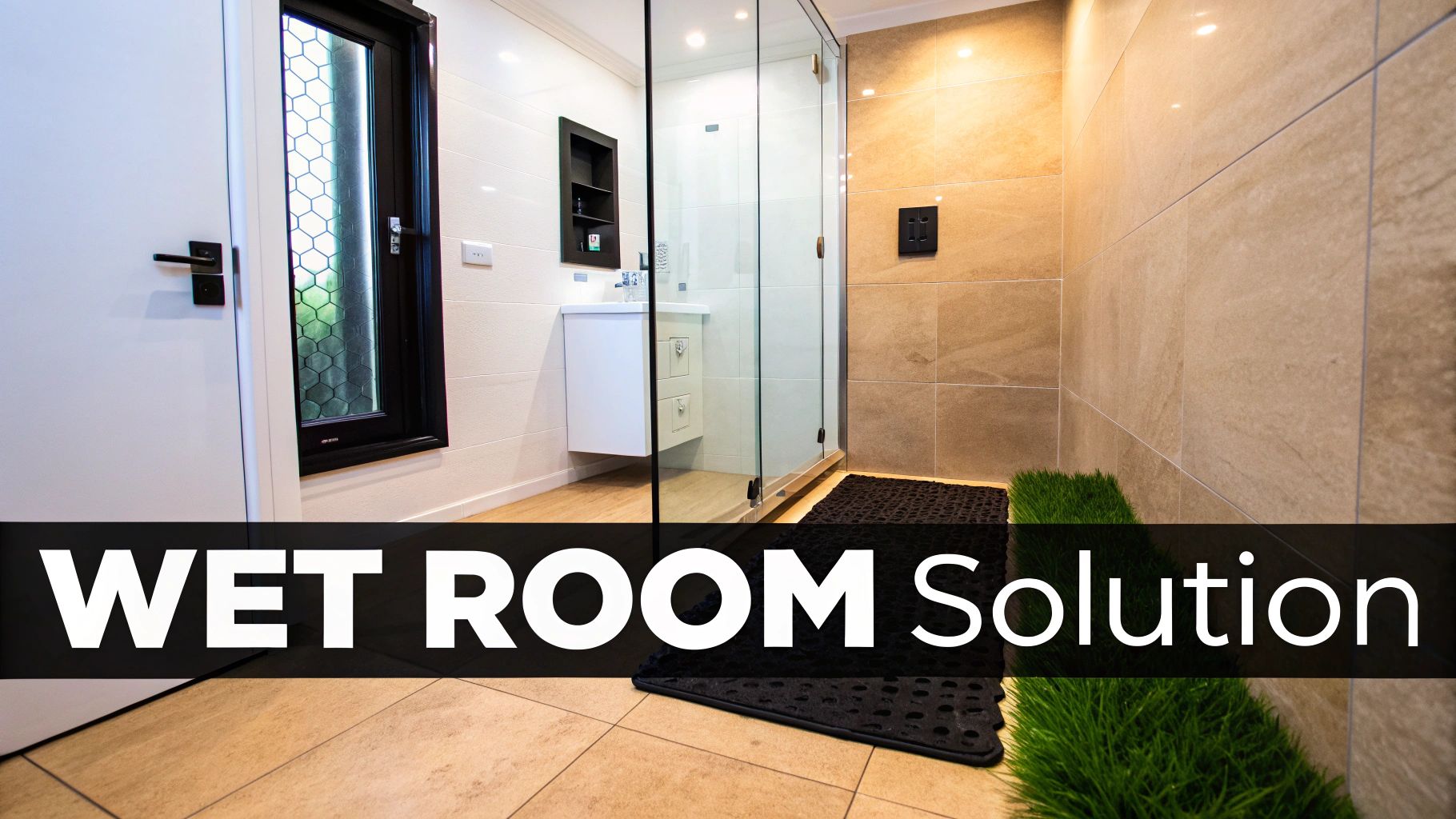 A sleek wet room bathroom featuring a glass shower, modern white vanity, tiled walls, and a black-framed window.