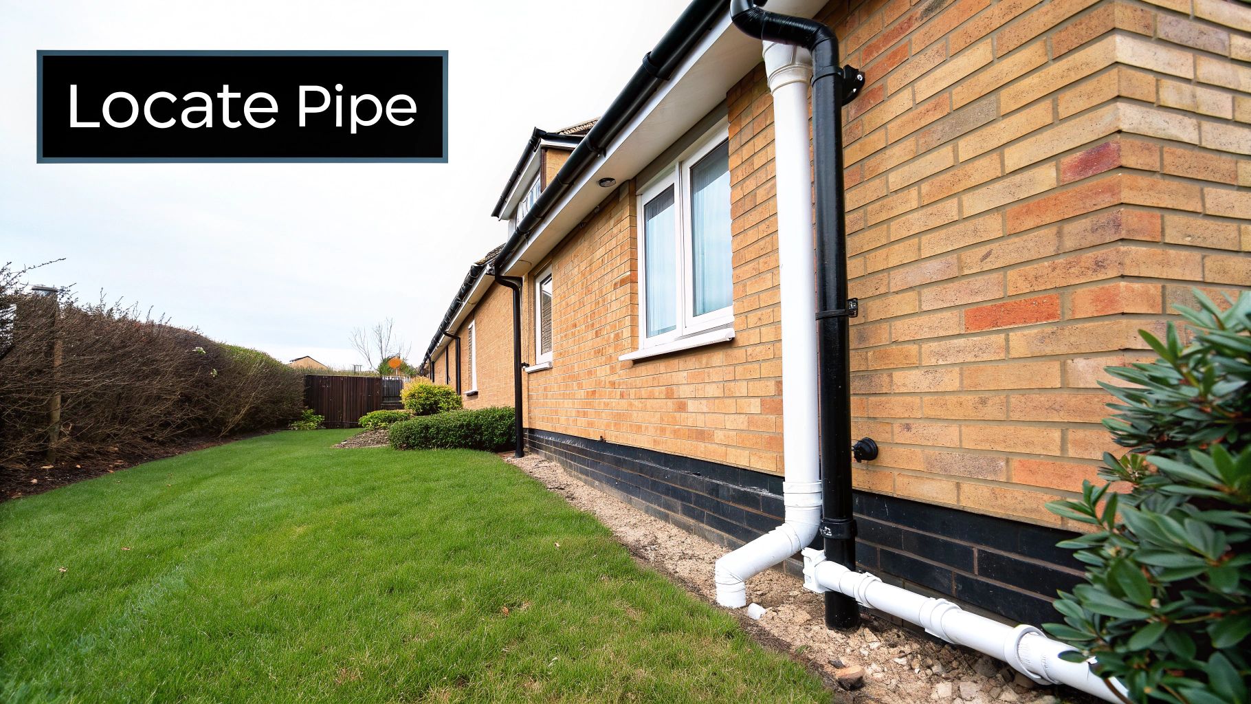 Exterior view of a house with a black downspout and white drainage pipes along a brick wall.