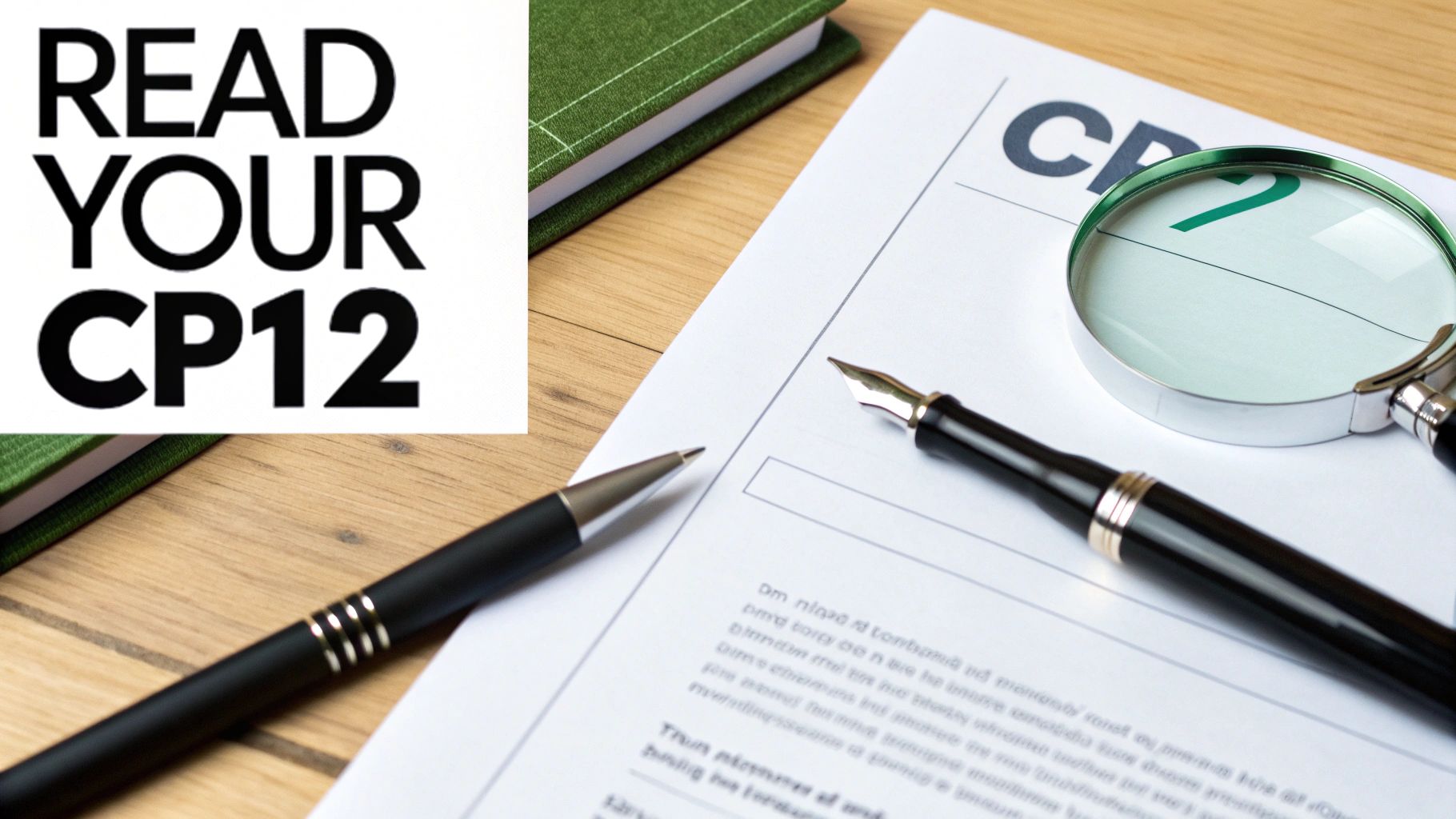 A document with 'CP12' and 'READ YOUR CP12' text, pens, and magnifying glass on a desk.