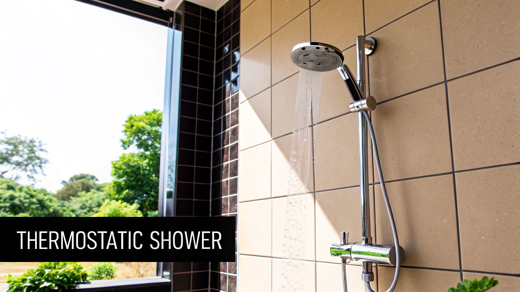 A chrome thermostatic shower with water running, installed on light brown tiles, next to a window.