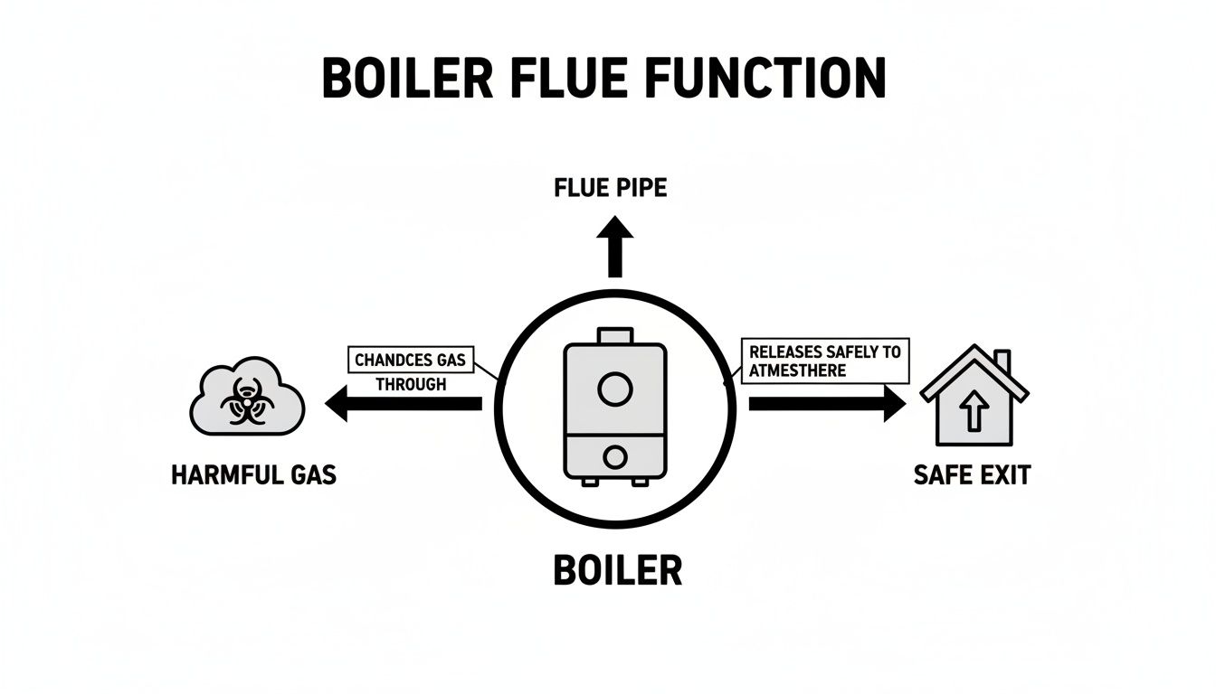 Diagram illustrating boiler flue function, showing how harmful gases are channeled for safe release outdoors.
