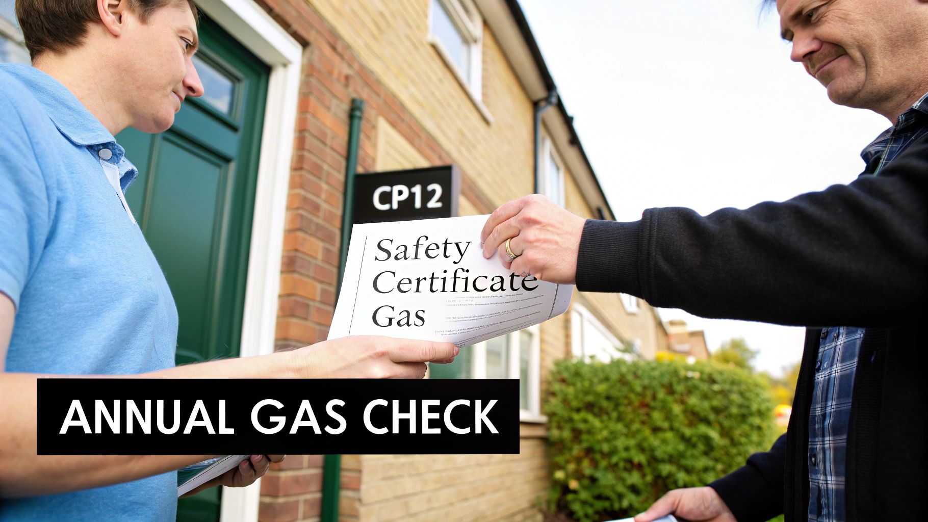 A gas engineer hands a gas safety certificate to a landlord outside a residential house.