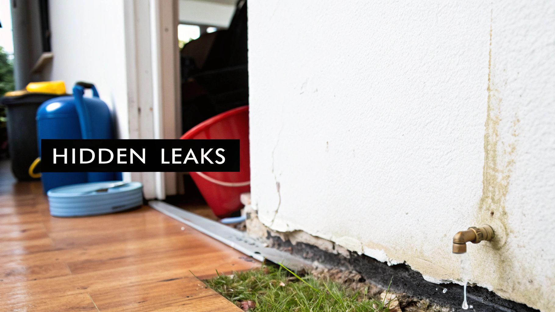 Outdoor faucet leaking, causing water damage and revealing hidden plumbing issues at the base of a wall.