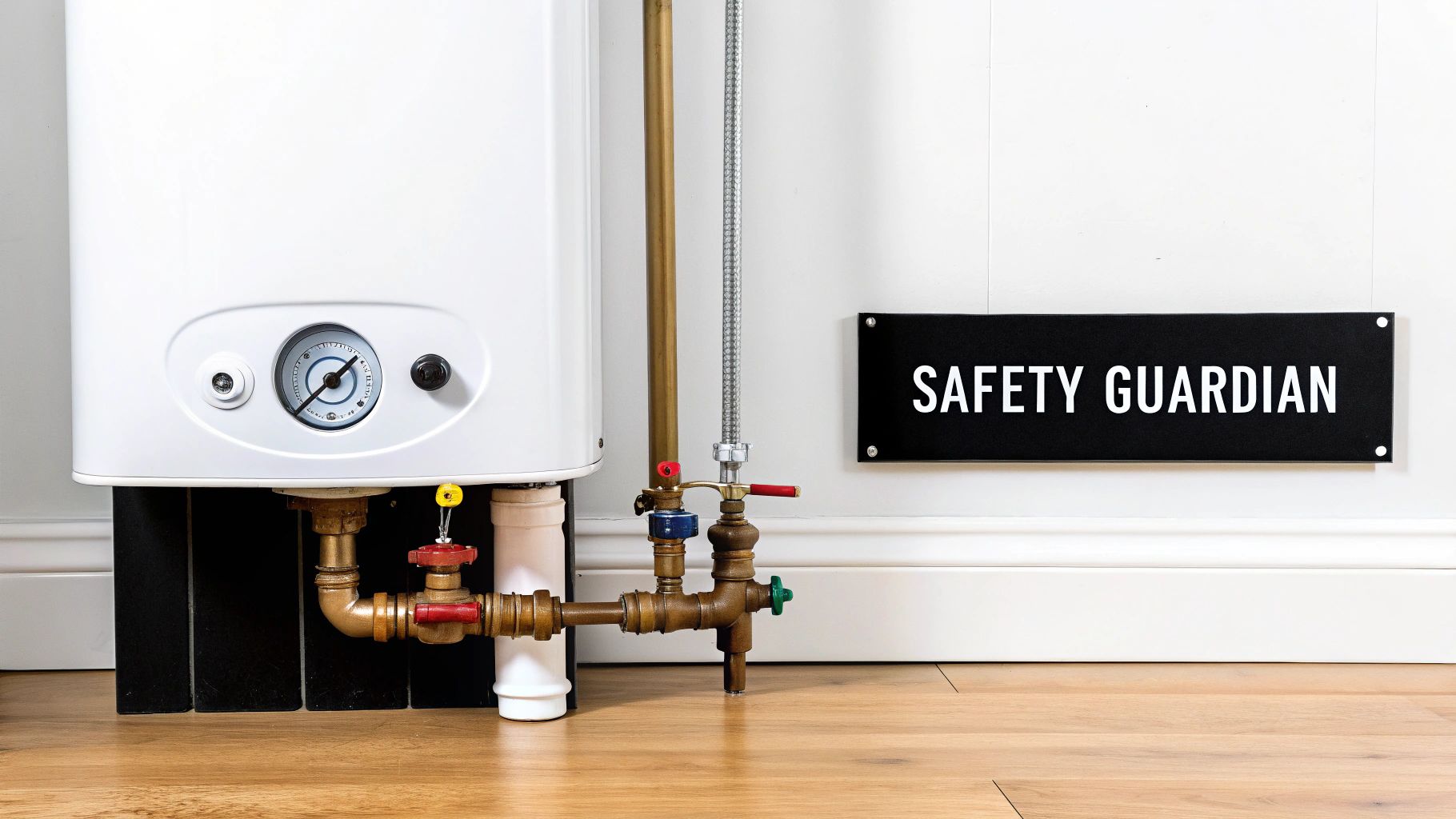 A white gas boiler with copper pipes, valves, and a pressure gauge, next to a "SAFETY GUARDIAN" sign.