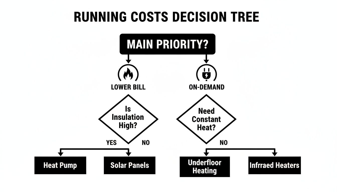 Decision tree illustrating heating options based on priority, insulation, and heat needs for running costs.