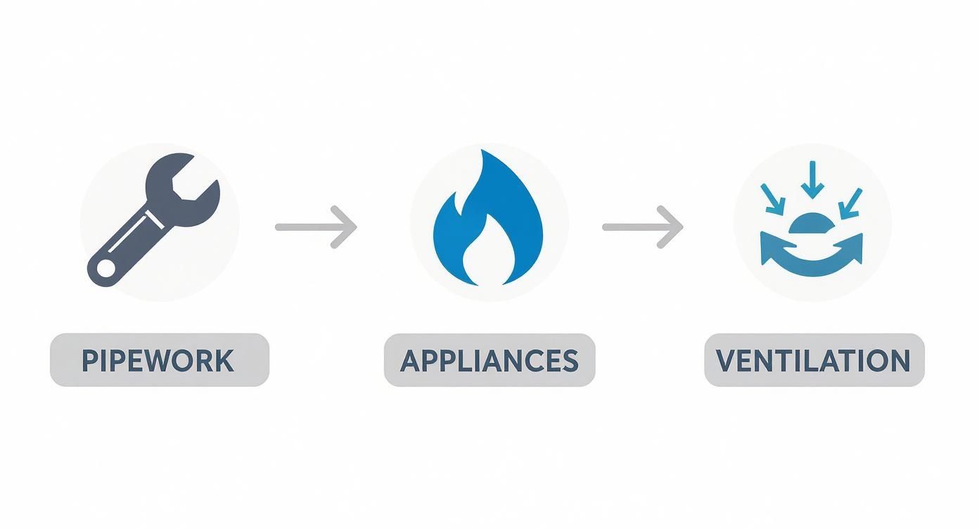 Diagram showing essential steps for gas safety: pipework with a wrench, appliances with a flame, and ventilation with airflow arrows.