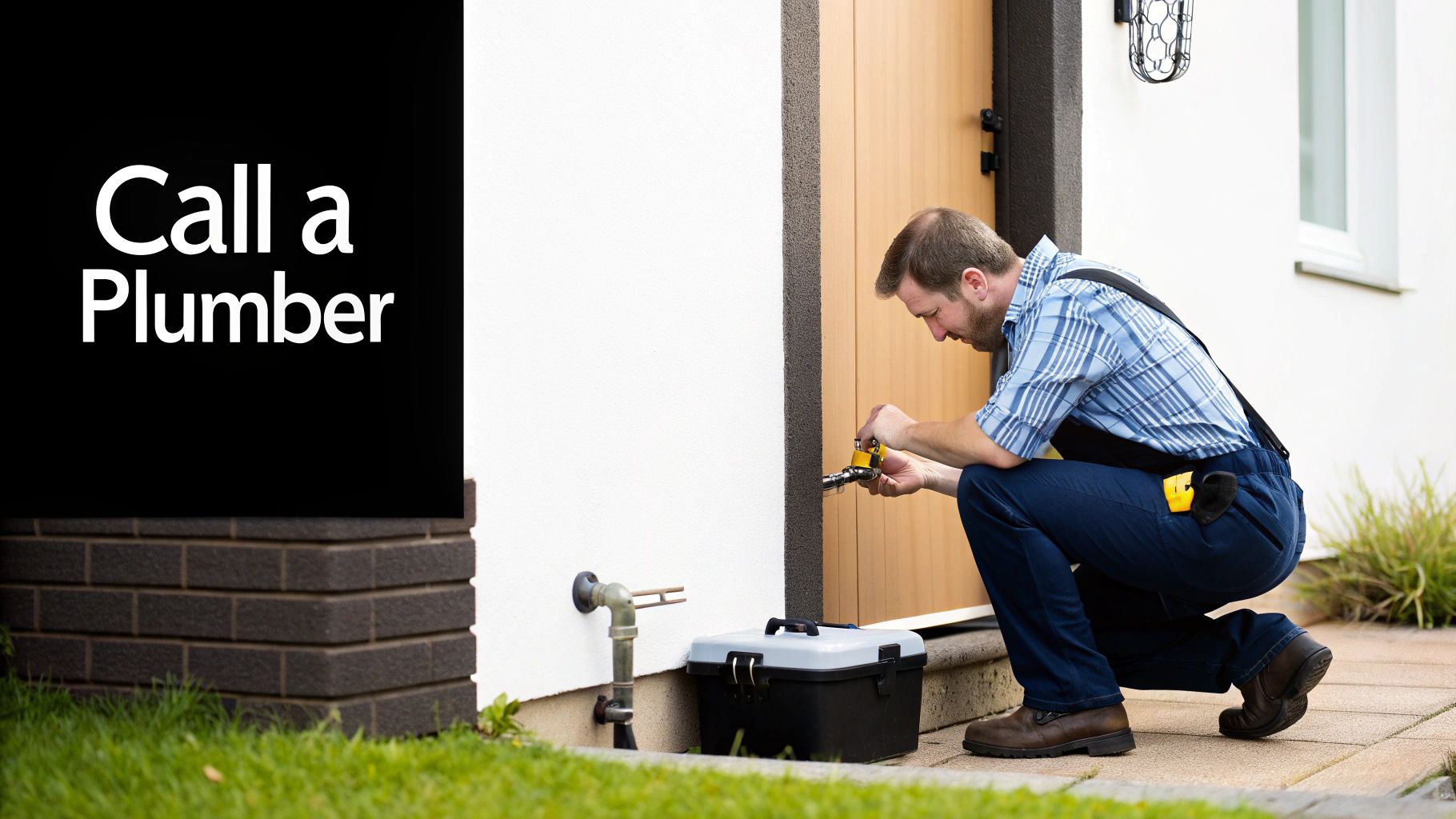 A plumber in overalls fixes an outdoor water pipe near a house, with a toolbox and 'Call a Plumber' sign.
