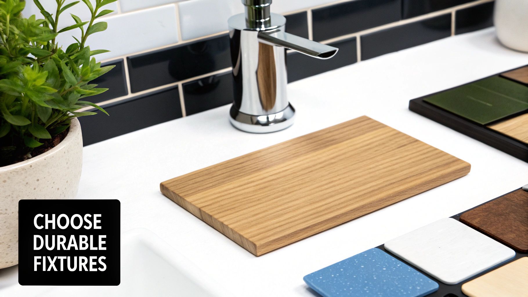 A clean bathroom counter with a chrome soap dispenser, potted plant, and various material samples for renovation.