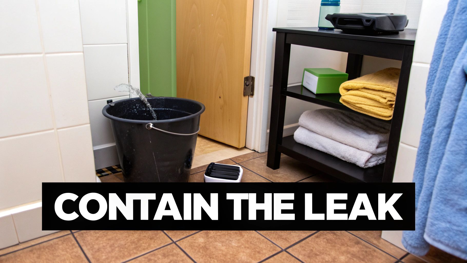 A black bucket catches water from a burst pipe in a tiled bathroom, with a shelving unit and towels.